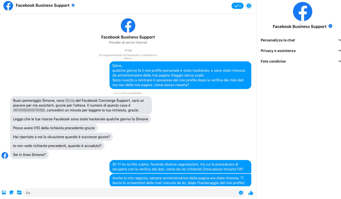 Chat supporto tecnico Facebook