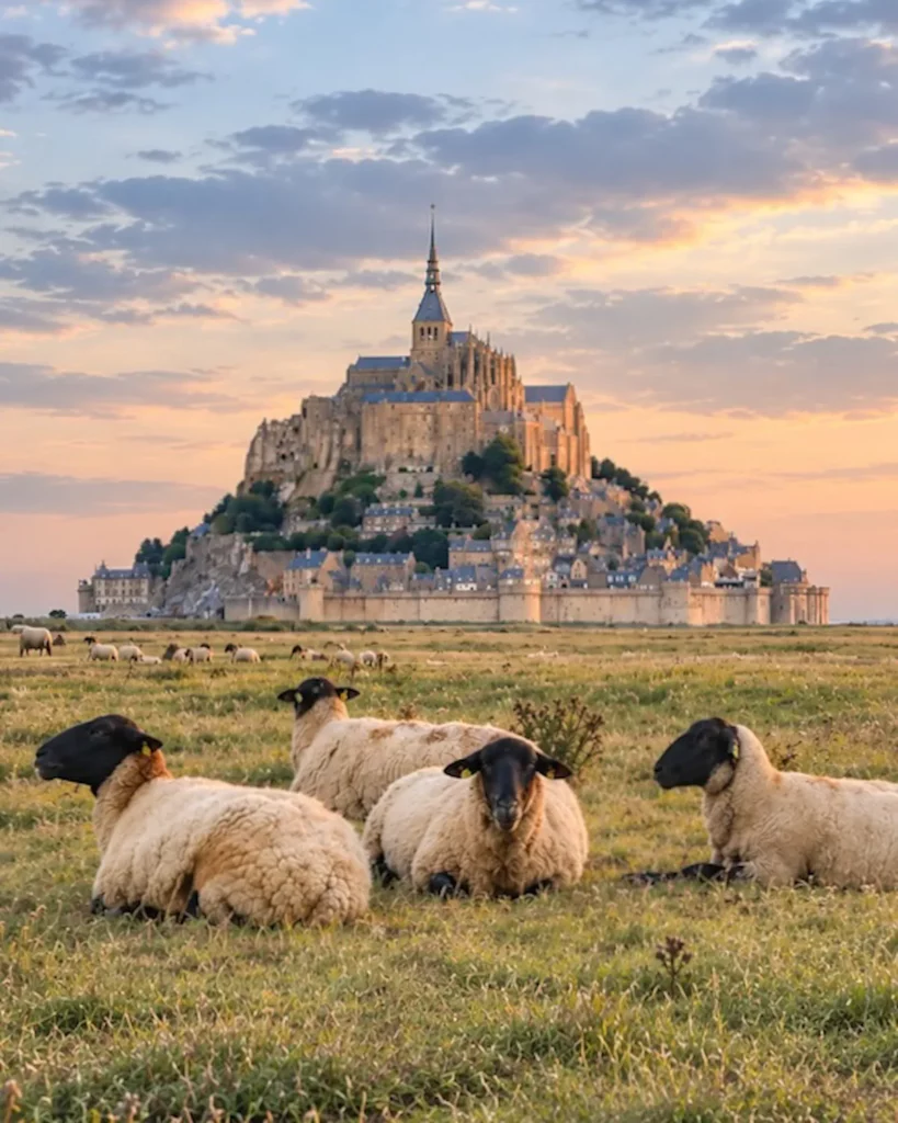 Pecore nei prati salmastri davanti a Mont Saint-Michel